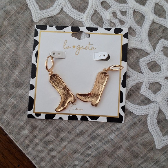 💥SALE💥LU Gaeta, Pink & Gold Decorated Cowgirl Boot Earrings NEW - Picture 2 of 4